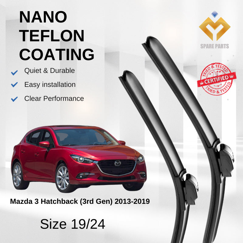 Mazda 3 Sedan Hatchback 3rd Gen 2013 Premium Japan Tech Car Wiper Accessories 19”+24” Universal Hook–Includes Free Gift!