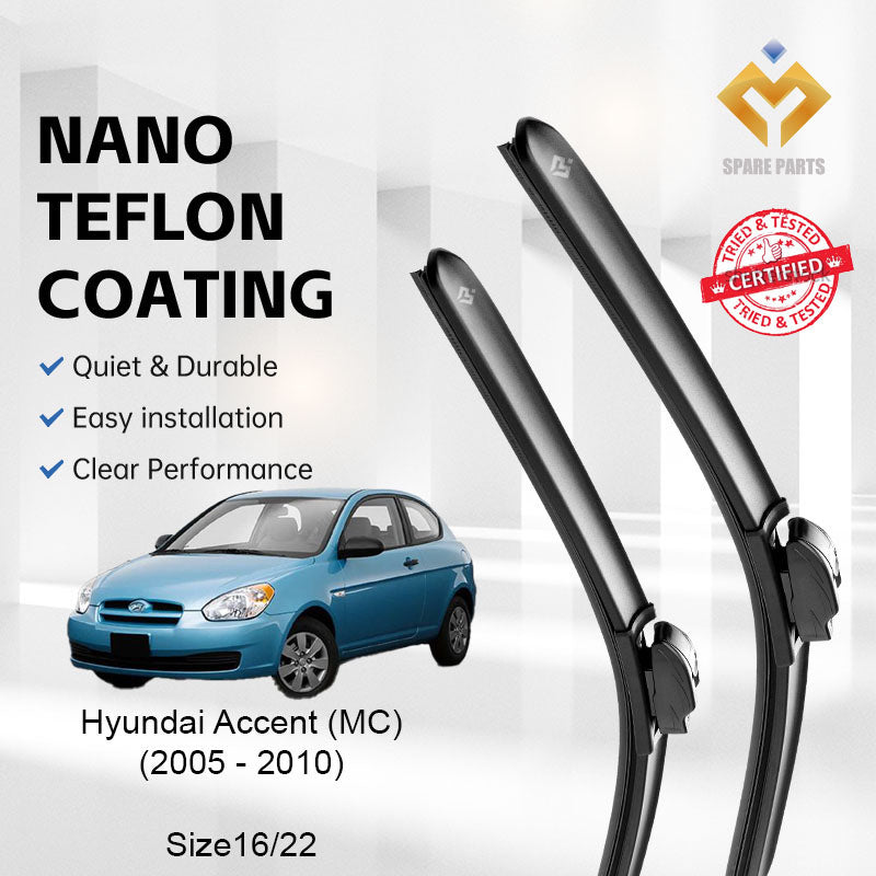 Hyundai Accent 3rd/4th Gen 2005/2010 Premium Quality Japan Tech Car Wiper Accessories 16"+22" U Hook-Includes Free Gift
