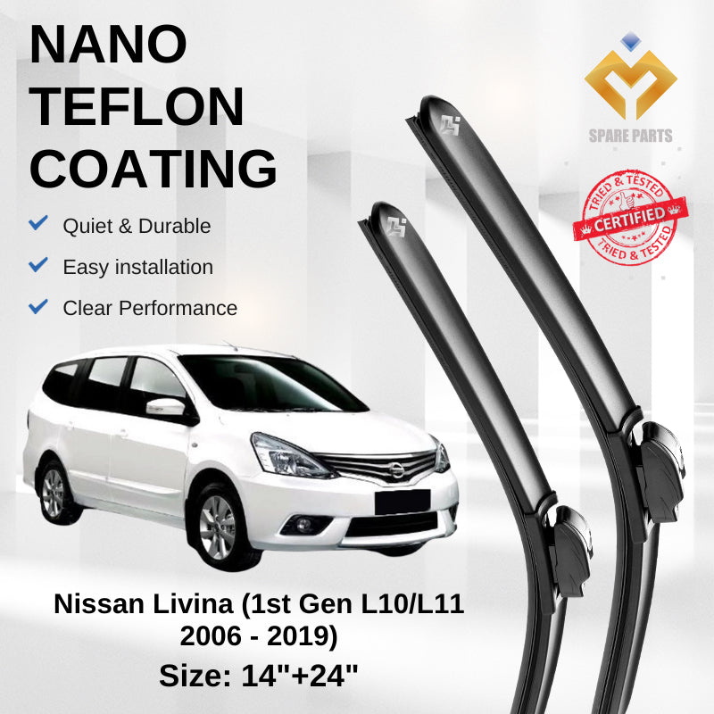 Nissan Livina 1st Gen L10 L11 2006 Premium Quality Japan Tech Car Wiper 1set 14"+24" U Hook Free Microfibre Cloth