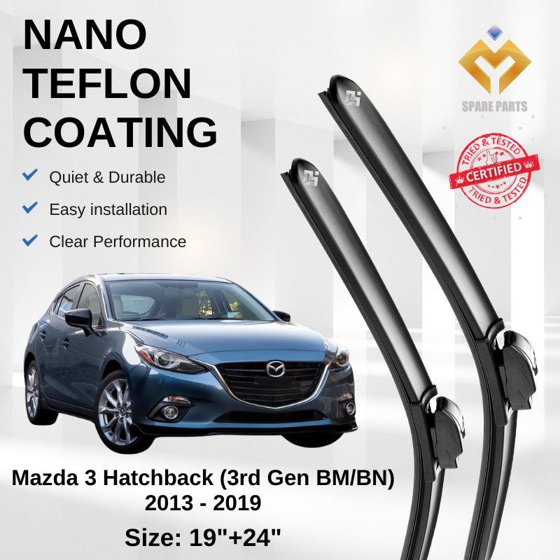 Mazda 3 Sedan Hatchback 2nd Gen BL 2008 Premium Japan Tech Car Wiper Accessories 19”+24” Universal Hook–Includes Gift!