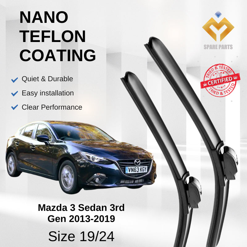 Mazda 3 Sedan Hatchback 3rd Gen 2013 Premium Japan Tech Car Wiper Accessories 19”+24” Universal Hook–Includes Free Gift!