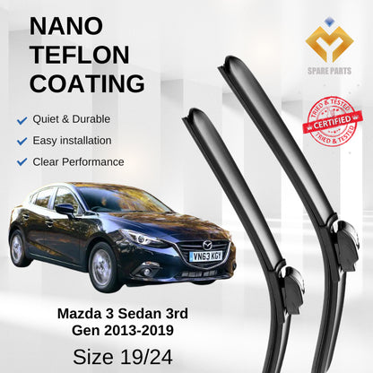 Mazda 3 Sedan Hatchback 3rd Gen 2013 Premium Japan Tech Car Wiper Accessories 19”+24” Universal Hook–Includes Free Gift!