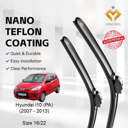 Hyundai i10 1st/2nd Gen 2007/2013 Premium Quality Japan Tech Car Wiper 1set 16"+22" Universal Hook-Free Microfibre Cloth