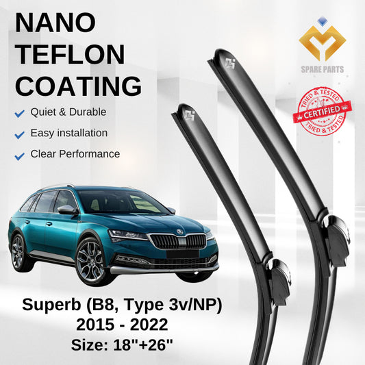 Skoda Superb B8,Type 3v/NP (2015-2022) Premium Japan Tech Car Wiper 18”+26” Type 01&04 Clip, Free Microfiber Cloth
