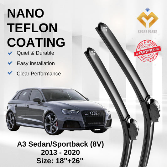 Audi A3 Sedan/Sportback 8V (2013-2020) Premium Japan Tech Car Wiper 18”+26” Type 04 Clip, Free Microfibre Cleaning Cloth