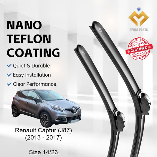 Renault Captur J87 2013-2017 Premium Quality Japan Tech Car Wiper 1set 14"+26" Type 10 Clip-Include Free Gift!