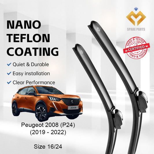 Peugeot 2008 P24 2019-2022 Premium Quality Japan Tech Car Wiper 1set 16"+24" Type 01 Clip-Includes Free Microfibre Cloth