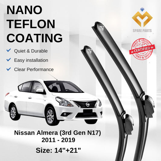 Nissan Almera 3rd Gen N17 2011 Premium Quality Japan Nano Car Wiper 1set 14"+21" U Hook Free Microfibre Cloth