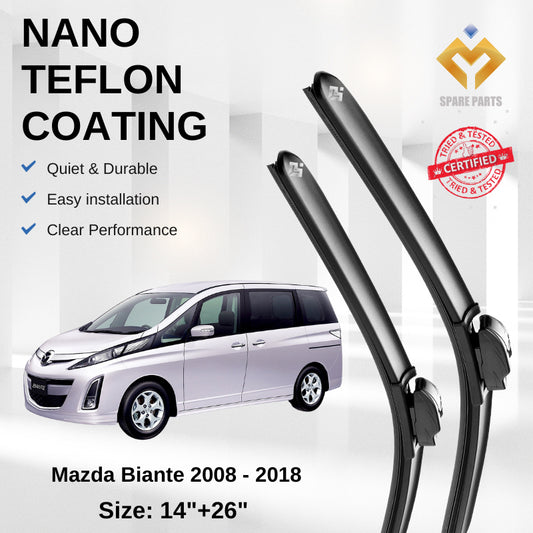 Mazda Biante 2008 Premium Japan Tech Car Wiper Accessories 14”+26” Universal Hook–Includes Free Microfibre Cloth!