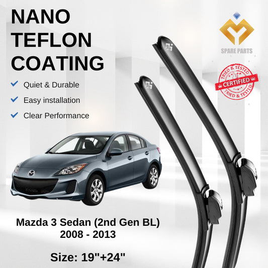 Mazda 3 Sedan Hatchback 2nd Gen BL 2008 Premium Japan Tech Car Wiper Accessories 19”+24” Universal Hook–Includes Gift!