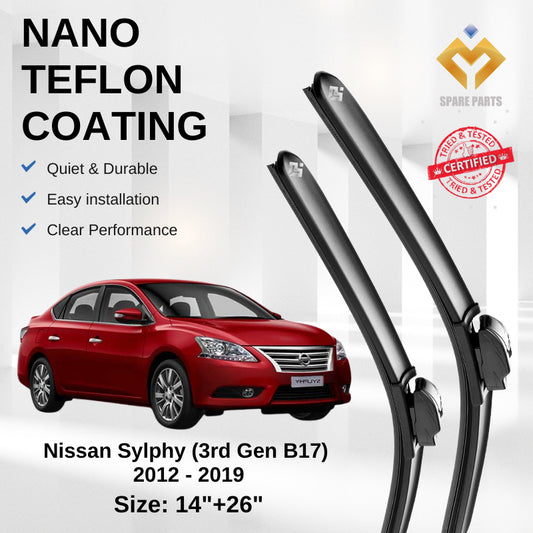 Nissan Sylphy 3rd Gen B17 2012 Premium Quality Japan Tech Car Wiper 1set 14"+26" U Hook Free Microfibre Cloth