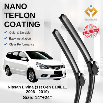 Nissan Livina 1st Gen L10 L11 2006 Premium Quality Japan Tech Car Wiper 1set 14"+24" U Hook Free Microfibre Cloth