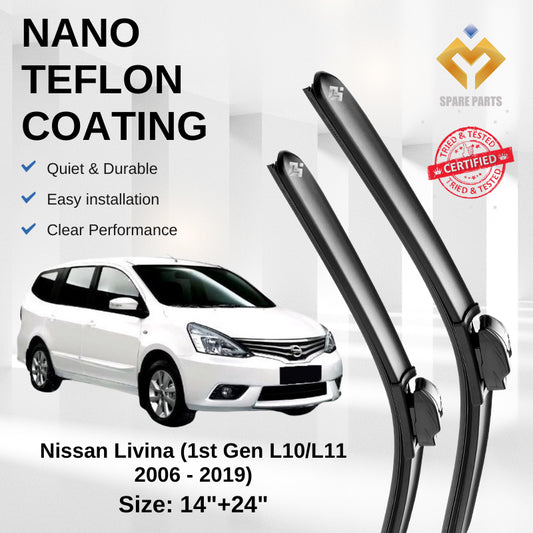 Nissan Livina 1st Gen L10 L11 2006 Premium Quality Japan Tech Car Wiper 1set 14"+24" U Hook Free Microfibre Cloth