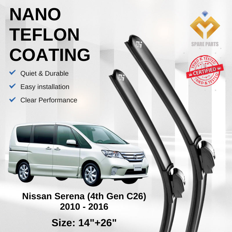 Nissan Serena 4th 5th Gen Premium Quality Japan Tech Car Wiper 1set 14"+26" U Hook Free Microfibre Cloth