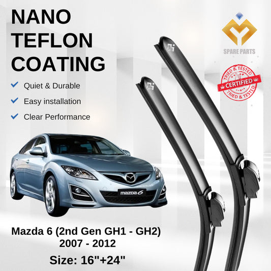 Mazda 6 2nd Gen 2007 Premium Japan Tech Car Wiper Accessories 16”+24” Universal Hook–Includes Free Microfibre Cloth!
