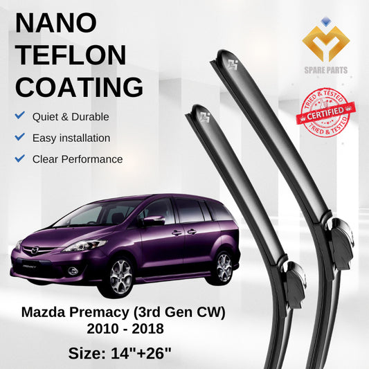 Mazda Premacy 3rd Gen 2010 Premium Japan Tech Car Wiper Accessories 14”+26” Universal Hook–Includes Free Microfibre Clot