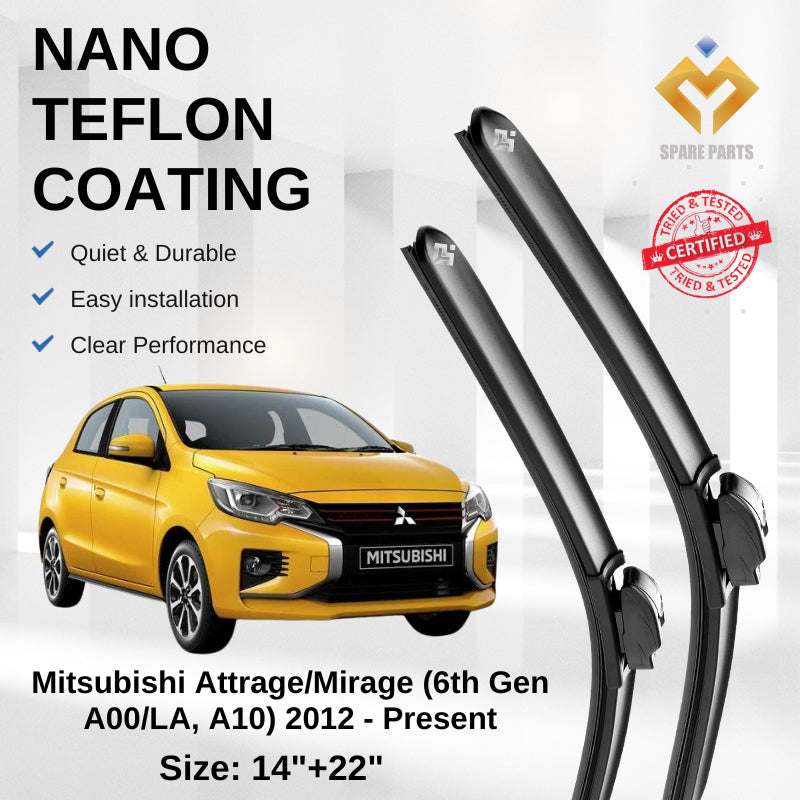 Mitsubishi Attrage Mirage 6th Gen 2012 Premium Japan Tech Car Wiper Accessories 14”+22”Universal Hook–Includes Free Gift