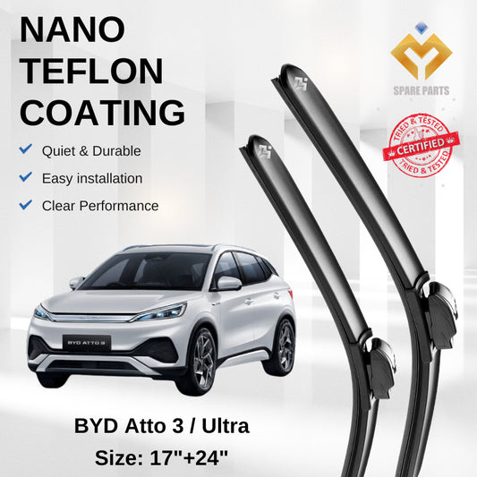 BYD Atto 3 / Ultra Premium Japan Tech Car Wiper 17”+24” Type 01 Clip, Free Microfibre Cleaning Cloth