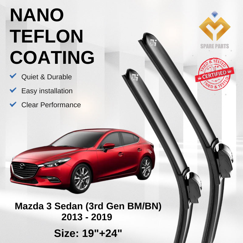 Mazda 3 Sedan Hatchback 3rd Gen 2013 Premium Japan Tech Car Wiper Accessories 19”+24” Universal Hook–Includes Free Gift!