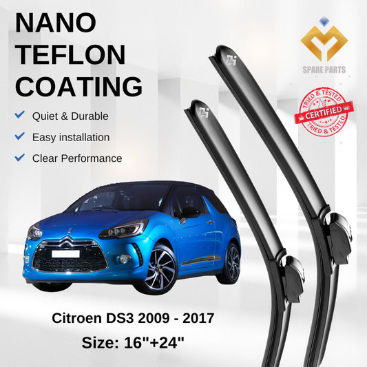 Citroen DS3 2009-2017 Premium Quality Japan Tech Car Wiper 1set 16"+24" Type 10 Clip-Includes Free Microfibre Cloth
