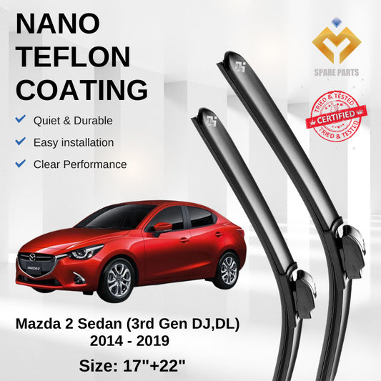 Mazda 2 Sedan 3rd Gen DJ DL 2014 to Premium Japan Tech Car Wiper Accessories 17”+22” Universal Hook–Includes Free Gift!