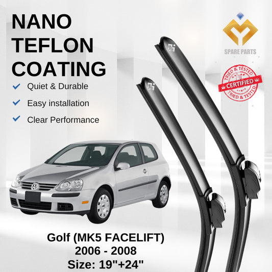Volkswagen Golf MK5 FACELIFT (2006-2008) Premium Japan Tech Car Wiper 19”+24” Type 01 Clip, Free Microfibre Cleaning Clo